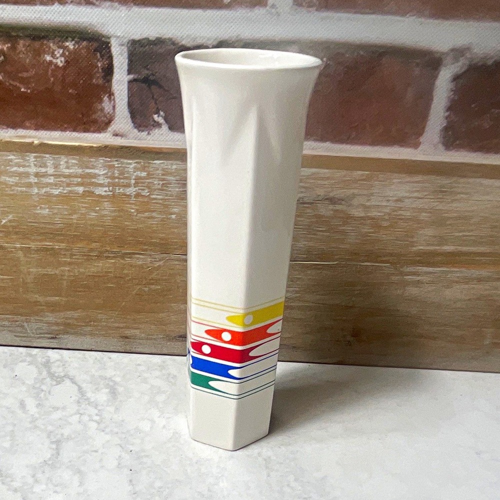 Figgjo White Ceramic Vase – Multicolor Geometric Stripe Design – 7" Tall
